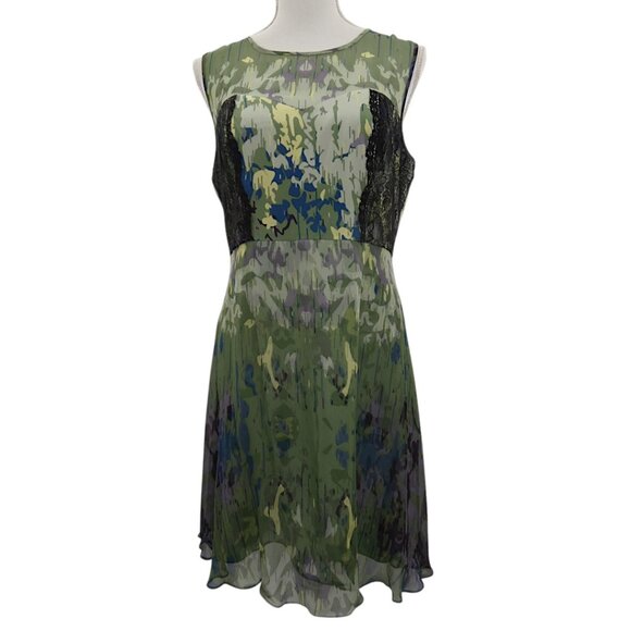 Vessel by Timo  Flowy 100% Silk Green Abstract Print Lace Inset Dress Size 12 - Picture 1 of 12